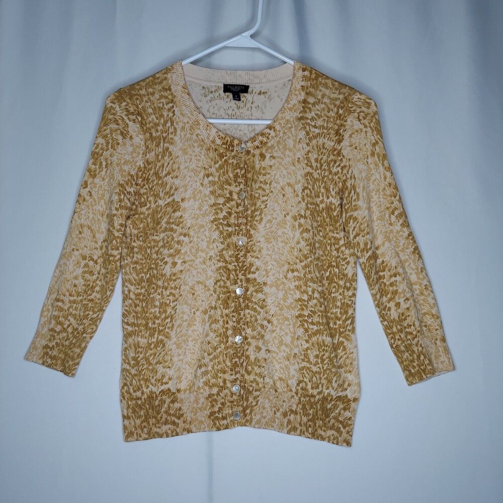 Talbots Petite Cardigan Sweater Womens Small‎ Yellow-Green Animal Button V-Neck